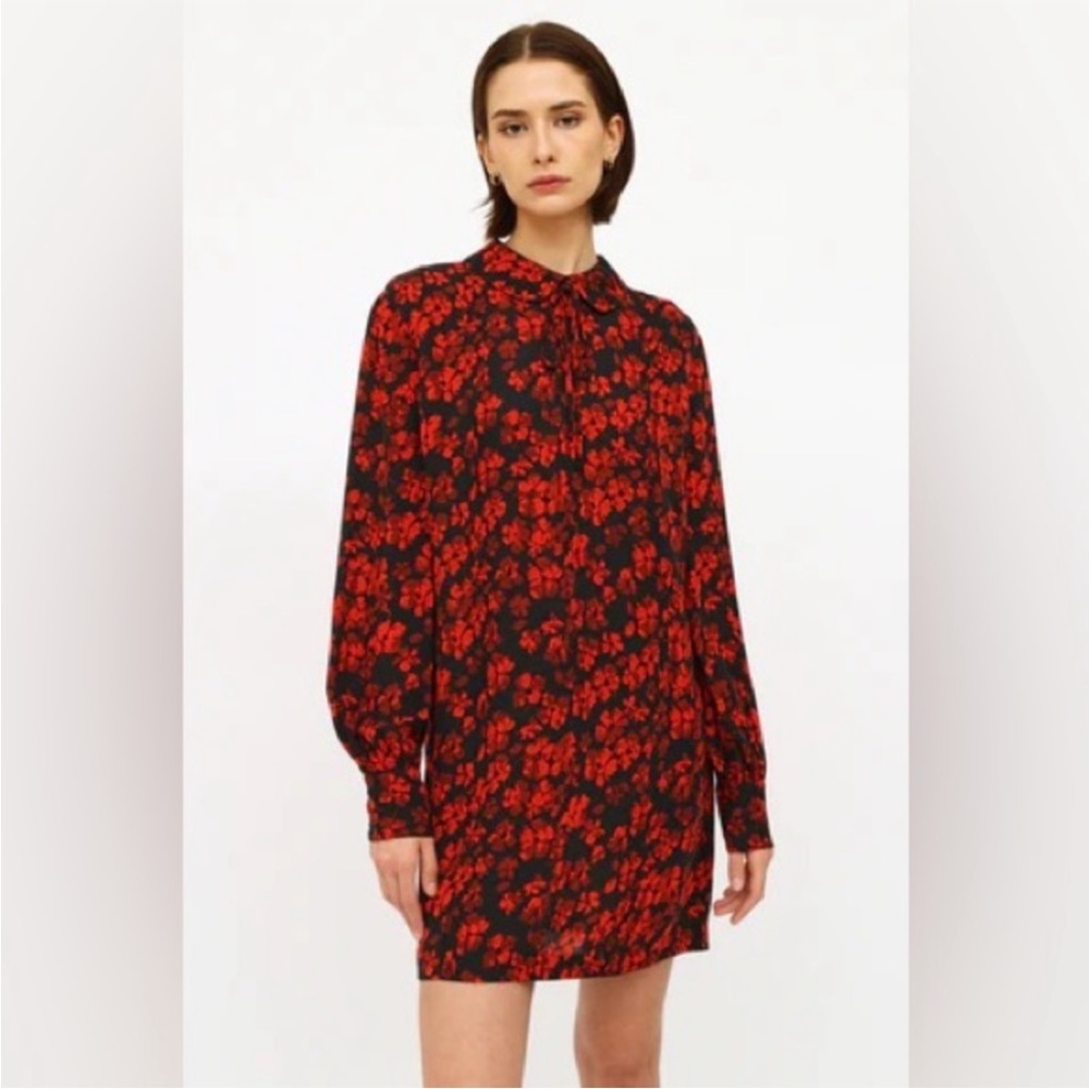 McQ by Alexander McQueen Silk Black with Red Flowers Long Sleeves Mini Dress XS
